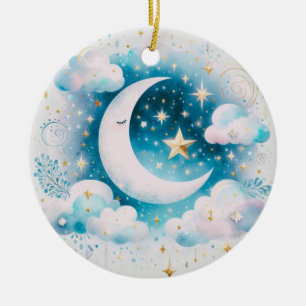 Blauw en Witte Halve Maan Hemelse Boho Moderne Keramisch Ornament