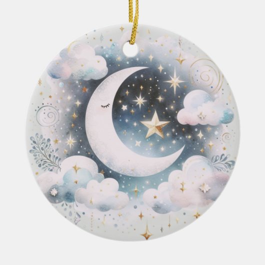 Blauw en Witte Halve Maan Hemelse Boho Moderne Keramisch Ornament (Voorkant)