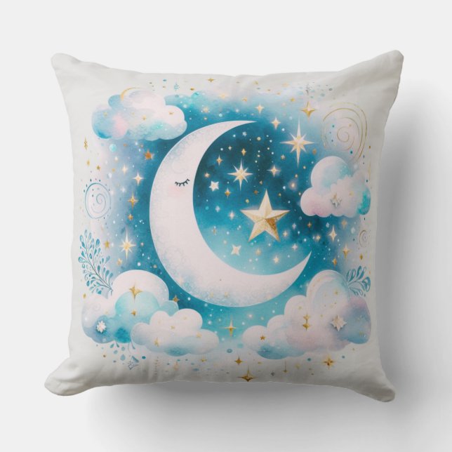 Blauw en Witte Halve Maan Hemelse Boho Moderne Kussen (Voorkant)