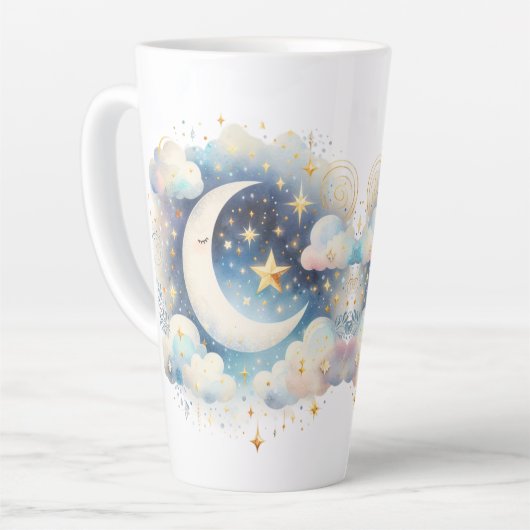 Blauw en Witte Halve Maan Hemelse Boho Moderne Latte Mok (Linkerhoek)