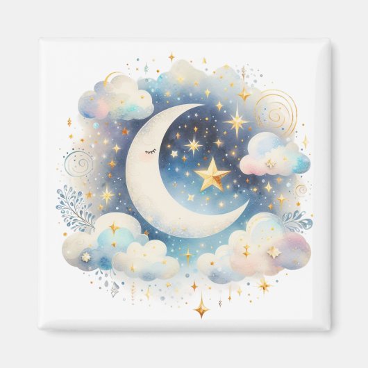 Blauw en Witte Halve Maan Hemelse Boho Moderne Magneet (Voorkant)