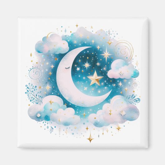 Blauw en Witte Halve Maan Hemelse Boho Moderne Magneet (Voorkant)