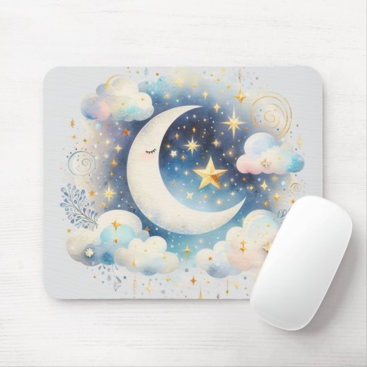 Blauw en Witte Halve Maan Hemelse Boho Moderne Muismat (Met muis)