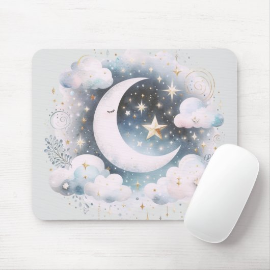 Blauw en Witte Halve Maan Hemelse Boho Moderne Muismat (Met muis)