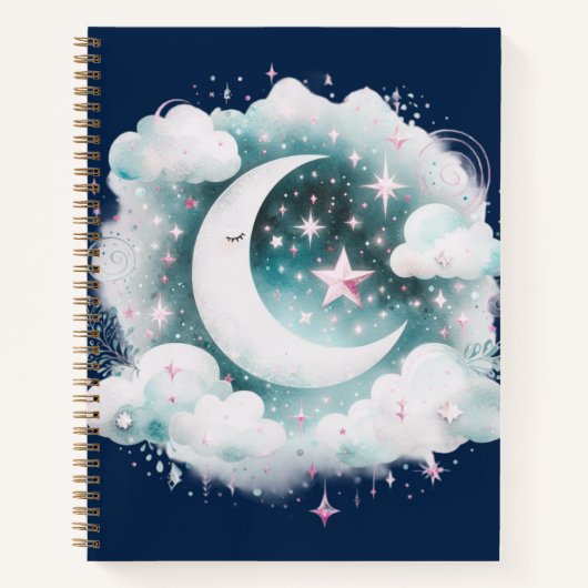 Blauw en Witte Halve Maan Hemelse Boho Moderne Notitieboek (Voorkant)
