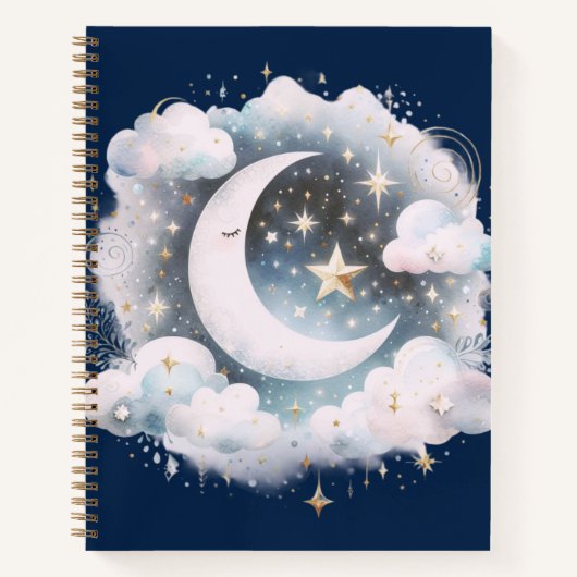 Blauw en Witte Halve Maan Hemelse Boho Moderne Notitieboek (Voorkant)
