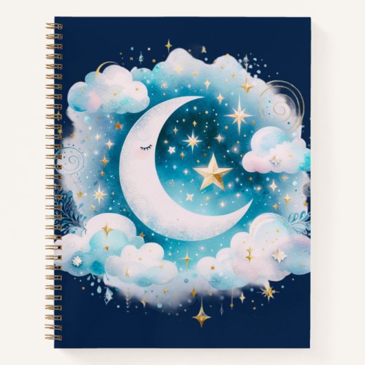 Blauw en Witte Halve Maan Hemelse Boho Moderne Notitieboek (Voorkant)