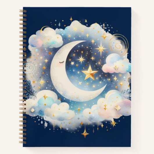 Blauw en Witte Halve Maan Hemelse Boho Moderne Notitieboek (Voorkant)