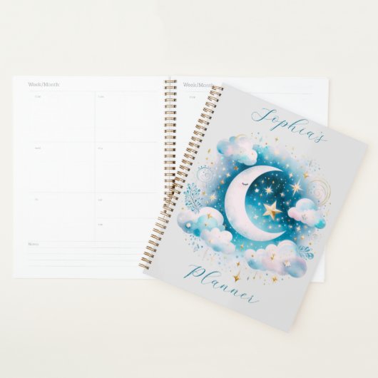 Blauw en Witte Halve Maan Hemelse Boho Moderne Planner (Display)