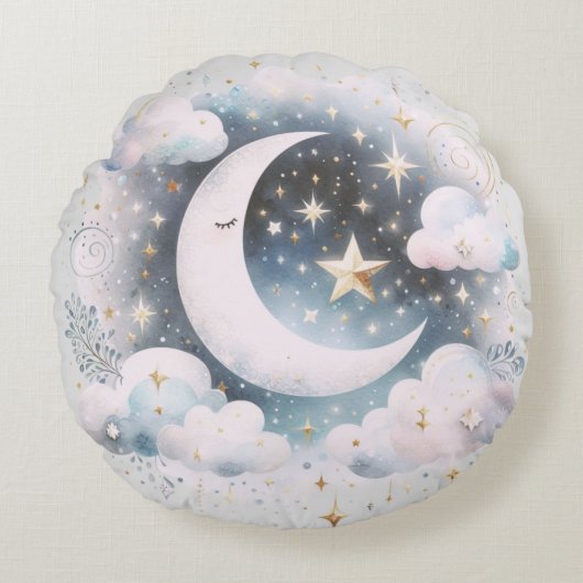 Blauw en Witte Halve Maan Hemelse Boho Moderne Rond Kussen (Voorkant)