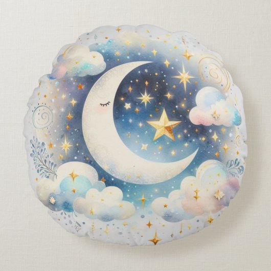 Blauw en Witte Halve Maan Hemelse Boho Moderne Rond Kussen (Voorkant)
