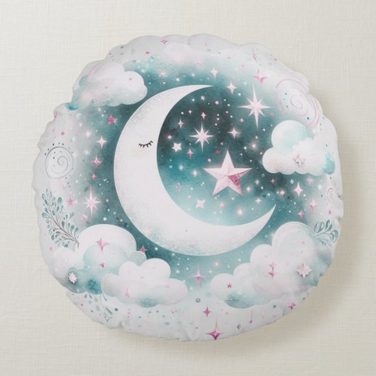 Blauw en Witte Halve Maan Hemelse Boho Moderne Rond Kussen (Voorkant)