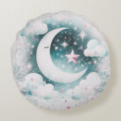 Blauw en Witte Halve Maan Hemelse Boho Moderne Rond Kussen (Achterkant)