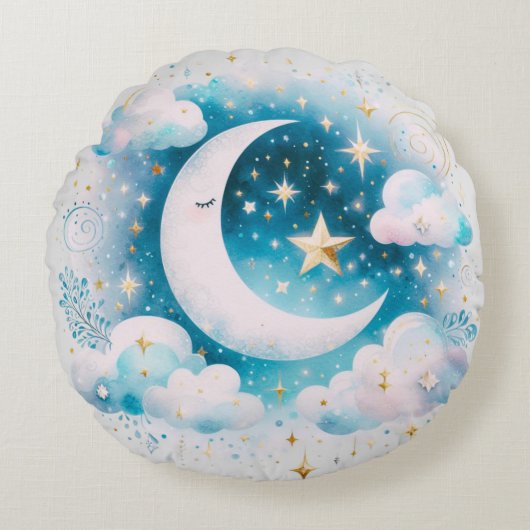 Blauw en Witte Halve Maan Hemelse Boho Moderne Rond Kussen (Voorkant)