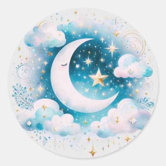 Blauw en Witte Halve Maan Hemelse Boho Moderne Ronde Sticker (Voorkant)