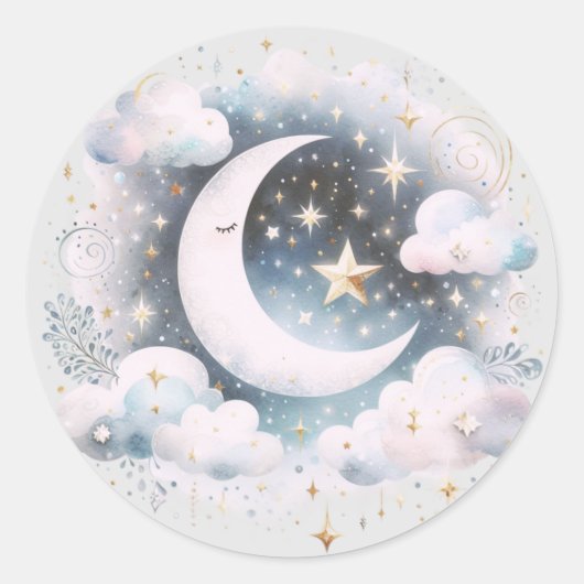 Blauw en Witte Halve Maan Hemelse Boho Moderne Ronde Sticker (Voorkant)