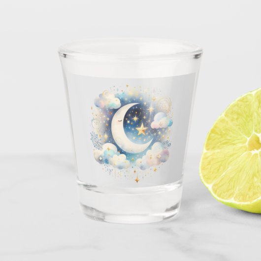 Blauw en Witte Halve Maan Hemelse Boho Moderne Shot Glas (Voorkant)