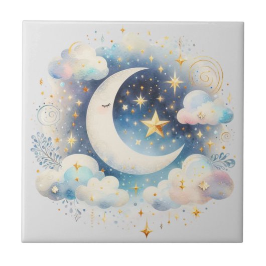 Blauw en Witte Halve Maan Hemelse Boho Moderne Tegeltje (Voorkant)