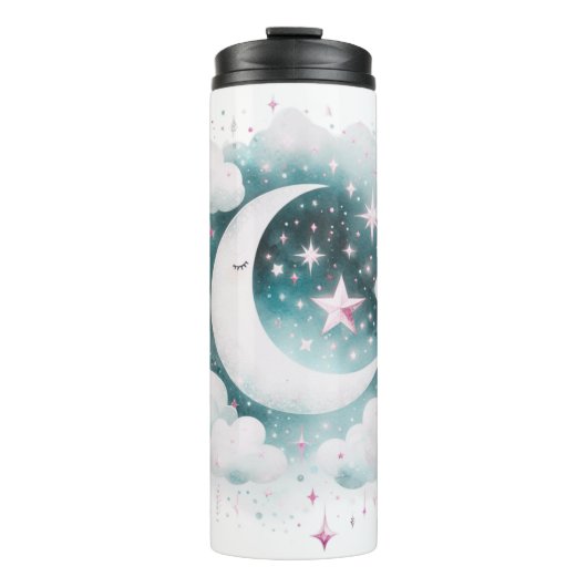 Blauw en Witte Halve Maan Hemelse Boho Moderne Thermosbeker (Voorkant)