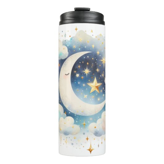 Blauw en Witte Halve Maan Hemelse Boho Moderne Thermosbeker (Voorkant)