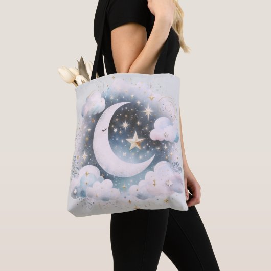 Blauw en Witte Halve Maan Hemelse Boho Moderne Tote Bag (Dichtbij)