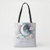 Blauw en Witte Halve Maan Hemelse Boho Moderne Tote Bag (Voorkant)