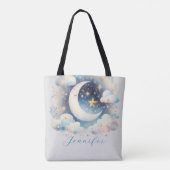 Blauw en Witte Halve Maan Hemelse Boho Moderne Tote Bag (Achterkant)