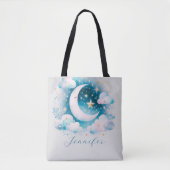 Blauw en Witte Halve Maan Hemelse Boho Moderne Tote Bag (Voorkant)