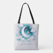Blauw en Witte Halve Maan Hemelse Boho Moderne Tote Bag (Achterkant)