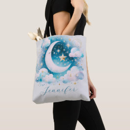 Blauw en Witte Halve Maan Hemelse Boho Moderne Tote Bag