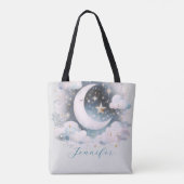 Blauw en Witte Halve Maan Hemelse Boho Moderne Tote Bag (Achterkant)