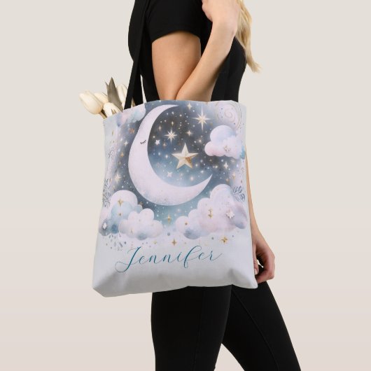 Blauw en Witte Halve Maan Hemelse Boho Moderne Tote Bag (Dichtbij)