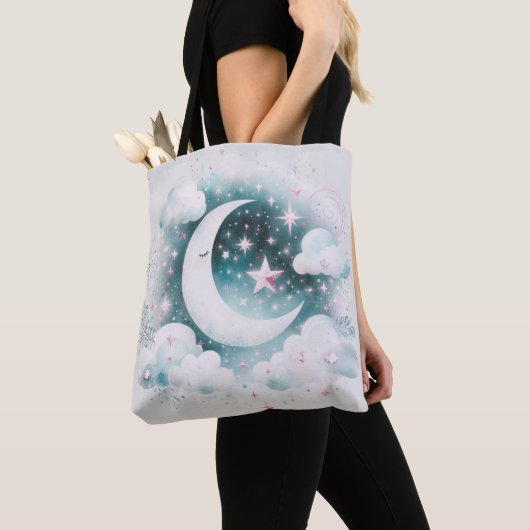 Blauw en Witte Halve Maan Hemelse Boho Moderne Tote Bag (Dichtbij)