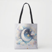 Blauw en Witte Halve Maan Hemelse Boho Moderne Tote Bag (Voorkant)