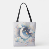 Blauw en Witte Halve Maan Hemelse Boho Moderne Tote Bag (Achterkant)