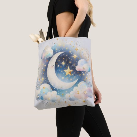 Blauw en Witte Halve Maan Hemelse Boho Moderne Tote Bag (Dichtbij)