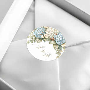 Blauw en Witte Hortensia Monogram Ronde Sticker