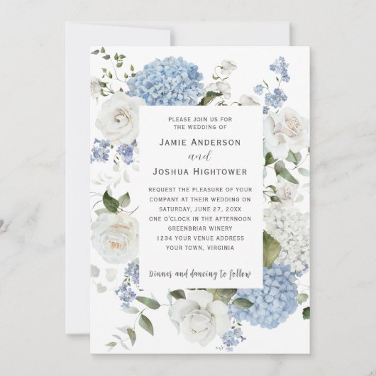 Blauw en Witte Hortensia's, Witte Rozen Bloemen Kaart (Voorkant)