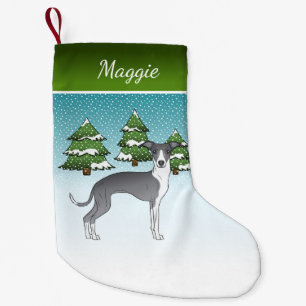 Blauw En Witte Italiaanse Greyhound In Winterbos Kleine Kerstsok