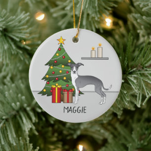 Blauw En Witte Italiaanse Windhond & Kerstboom Keramisch Ornament