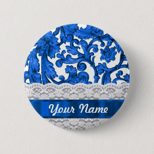 Blauw- en witte kant ronde button 5,7 cm