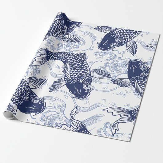 BLAUW- EN WITTE KOI FISH JAPANESE Wrapppapier Cadeaupapier (Uitgerold)