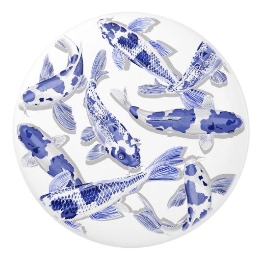 Blauw en witte koi keramische knop (Voorkant)
