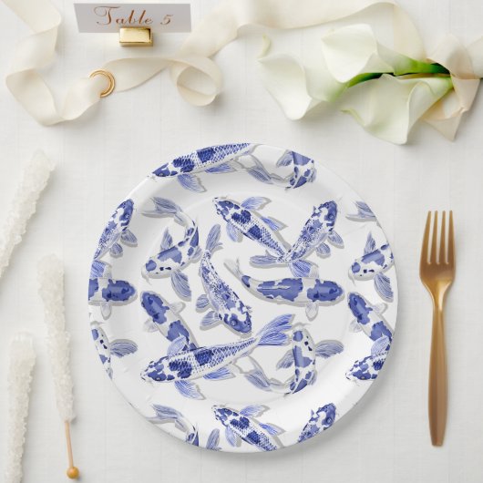 Blauw en witte koi papieren bordje (Huwelijk)
