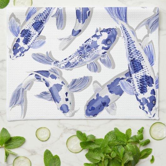 Blauw en witte koi theedoek (Gevouwen)