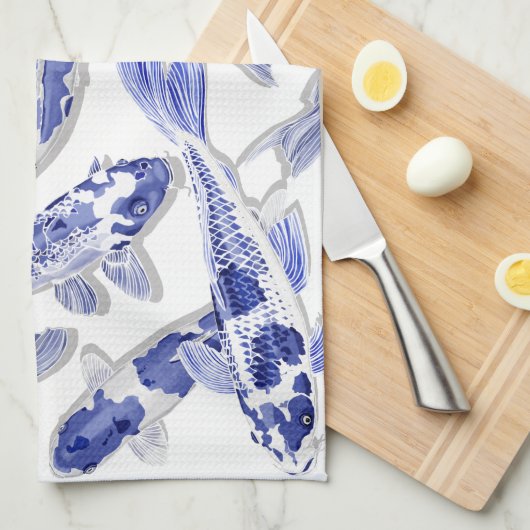 Blauw en witte koi theedoek (Quarter Fold)