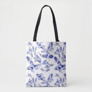 Blauw en witte koi tote bag