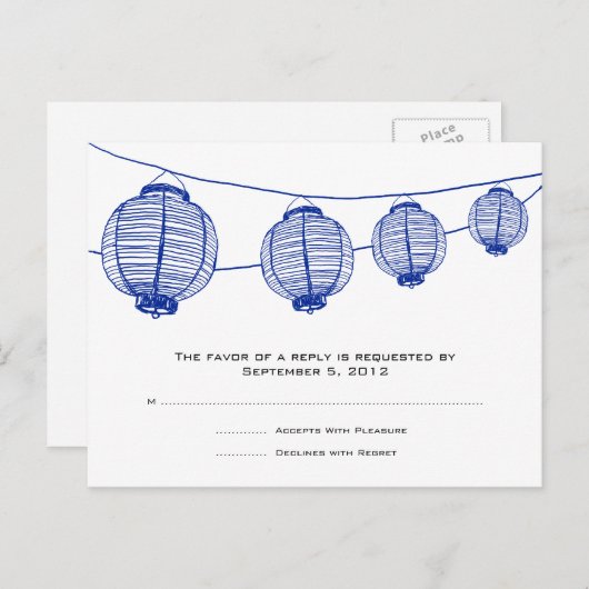 Blauw en witte lantaarns bruiloft RSVP Uitnodiging Briefkaart (Voorkant / Achterkant)