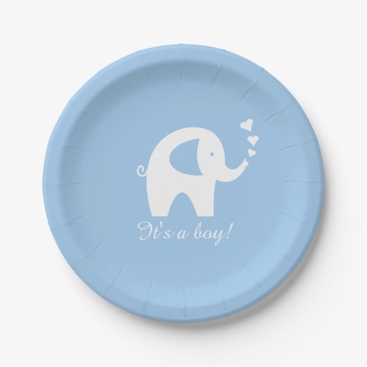 Blauw- en witte olifantenpapier bord baby shower (Voorkant)