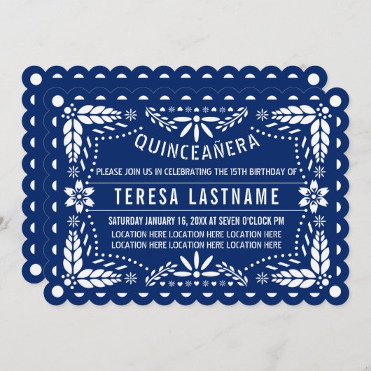 Blauw en witte papel picado Quinceañera Kaart (Voorkant / Achterkant)